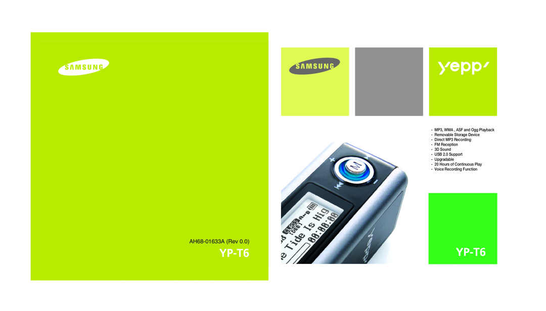 Samsung YP-T6 manual AH68-01633A Rev, MP3, WMA , ASF and Ogg Playback Removable Storage Device 