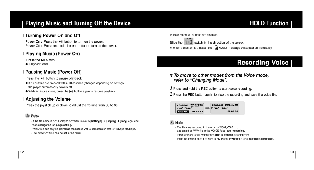 Samsung YP-T6 manual Playing Music and Turning Off the Device, HOLD Function, Recording Voice, I Turning Power On and Off 