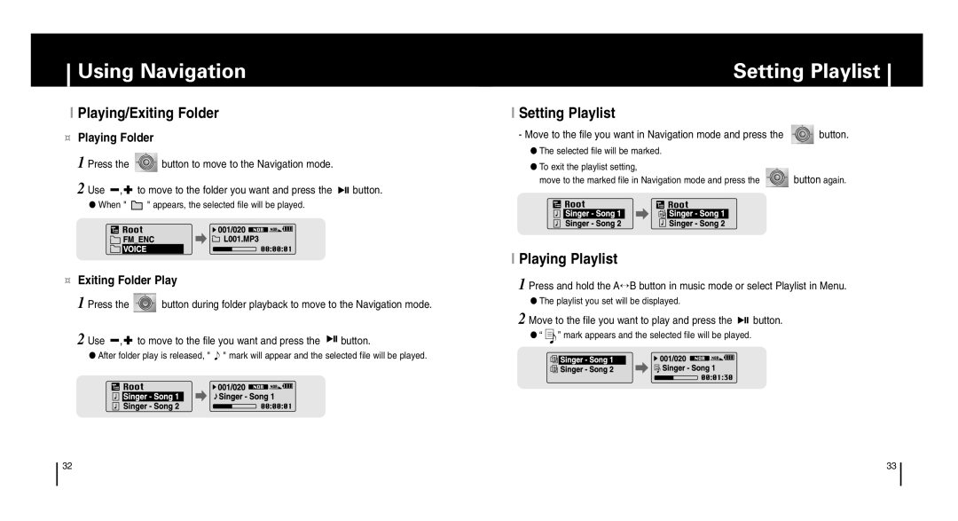 Samsung YP-T6 I Playing/Exiting Folder, I Setting Playlist, I Playing Playlist, ¤ Playing Folder, Using Navigation 