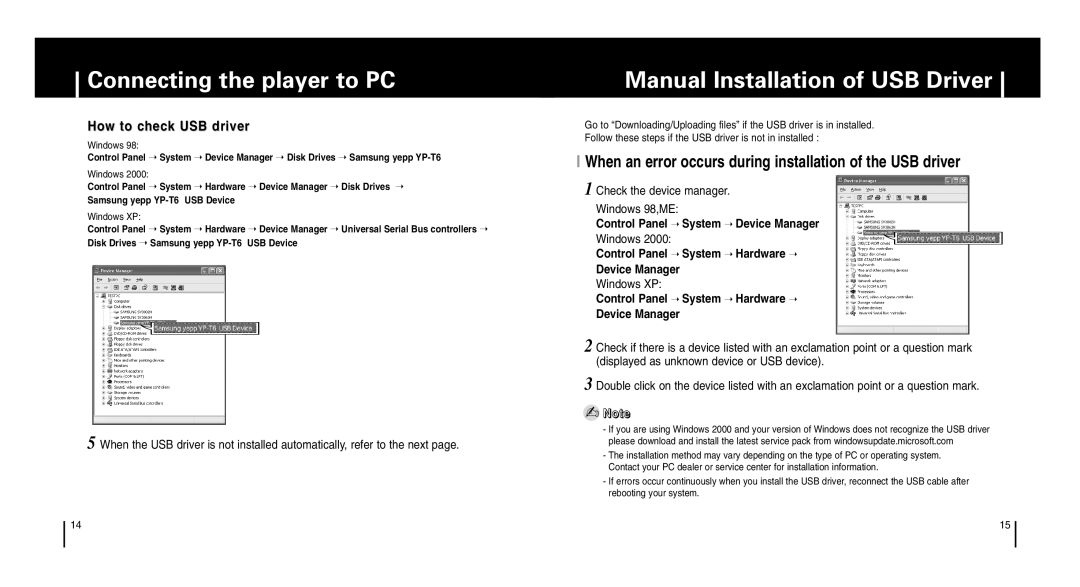 Samsung YP-T6 manual Manual Installation of USB Driver, How to check USB driver, Check the device manager Windows 98,ME 