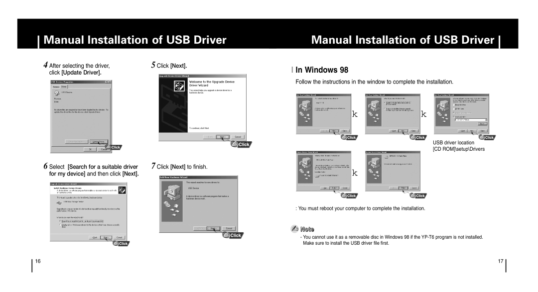 Samsung YP-T6 manual I In Windows, After selecting the driver, click Update Driver, Select Search for a suitable driver 