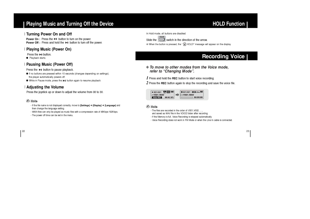 Samsung YP-T6X appendix Recording Voice, Turning Power On and Off, Playing Music Power On, Pausing Music Power Off 