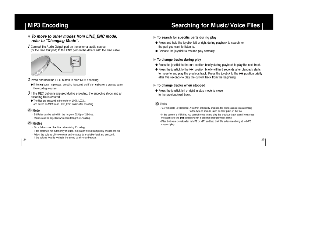 Samsung YP-T6X appendix MP3 Encoding, Searching for Music/Voice Files, To search for specific parts during play 