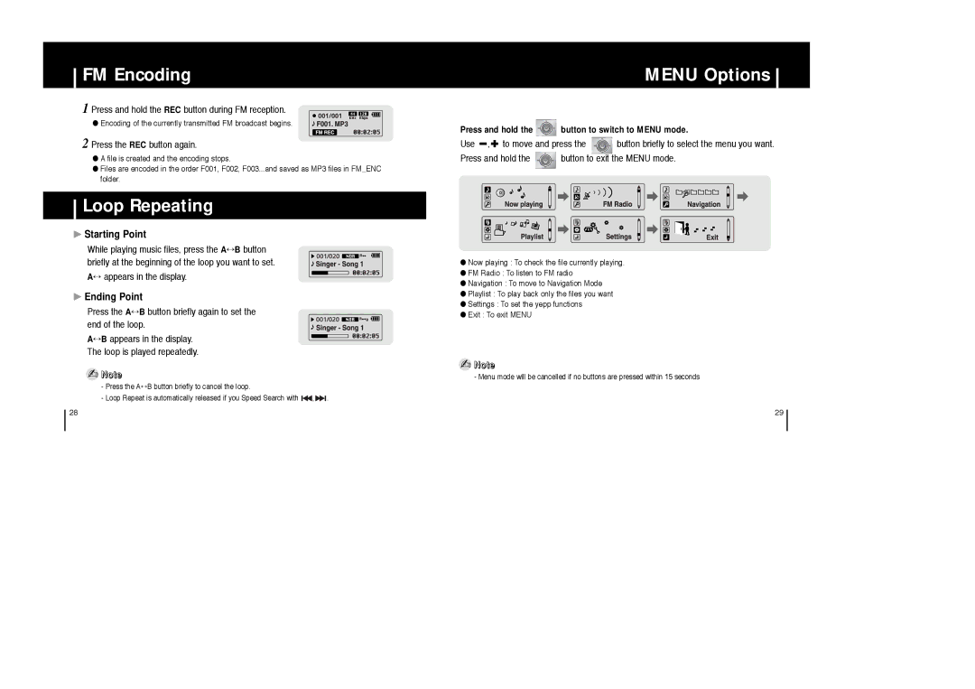 Samsung YP-T6X appendix FM Encoding, Loop Repeating, Menu Options, Starting Point, Ending Point 