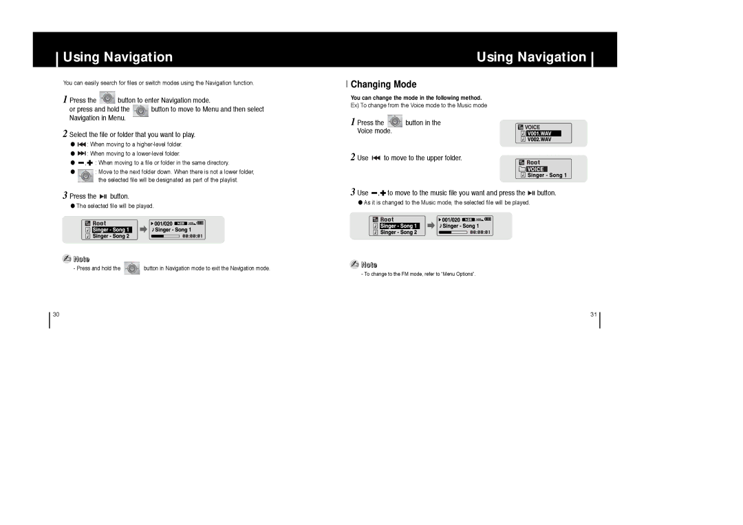 Samsung YP-T6X appendix Using Navigation, Changing Mode, Press Button to enter Navigation mode Or press and hold 