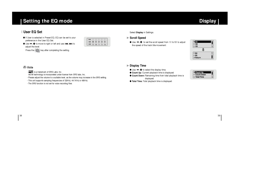 Samsung YP-T6X appendix User EQ Set, Scroll Speed, Display Time 