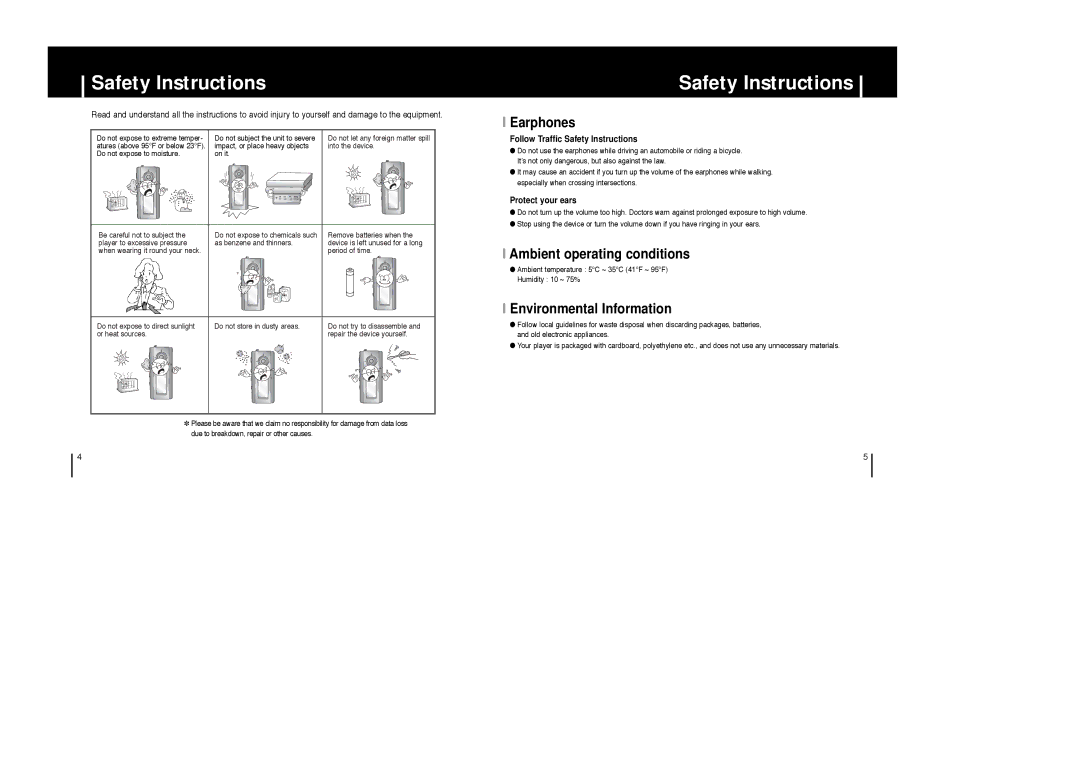 Samsung YP-T6X appendix Safety Instructions, Earphones, Ambient operating conditions, Environmental Information 