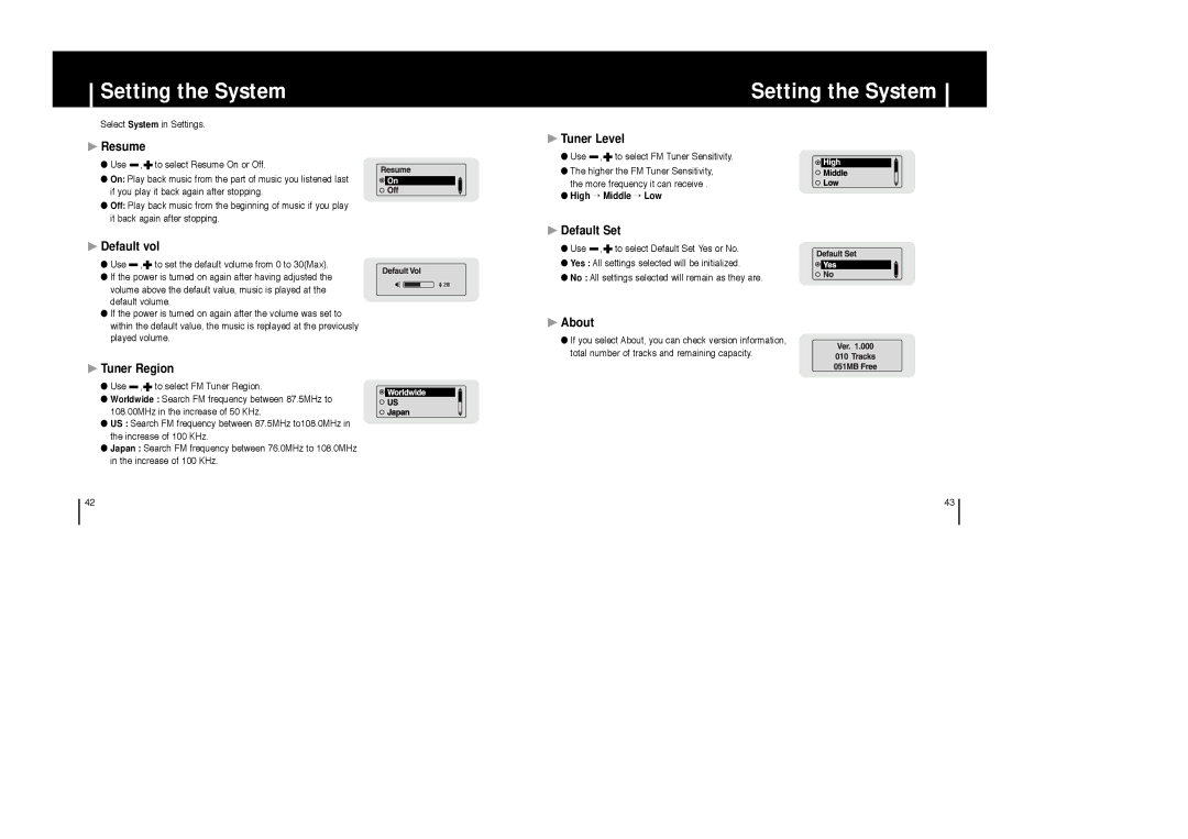 Samsung YP-T6X appendix Resume, Default vol, Tuner Region, Tuner Level, Default Set, About 