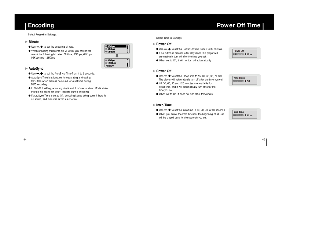 Samsung YP-T6X appendix Encoding, Power Off Time 