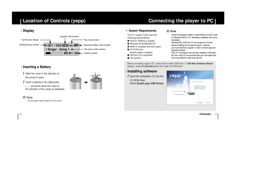 Samsung YP-T6X Location of Controls yepp Connecting the player to PC, Display, Inserting a Battery, System Requirements 