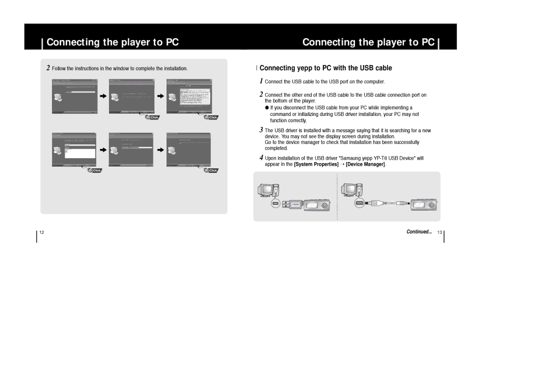 Samsung YP-T6X appendix Connecting yepp to PC with the USB cable 