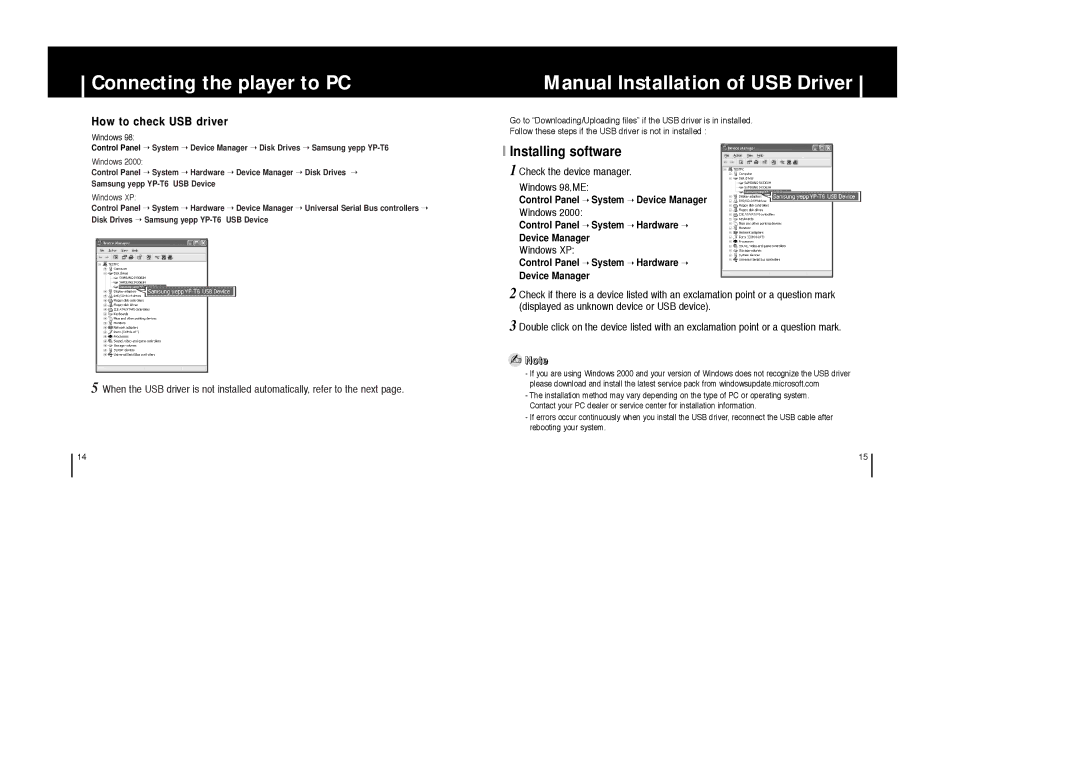 Samsung YP-T6X appendix Manual Installation of USB Driver, Installing software, How to check USB driver, Windows XP 