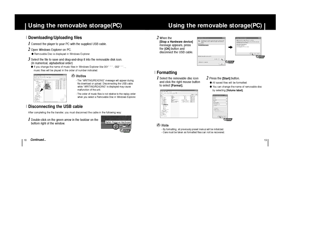 Samsung YP-T6X appendix Using the removable storagePC, Downloading/Uploading files, Disconnecting the USB cable, Formatting 