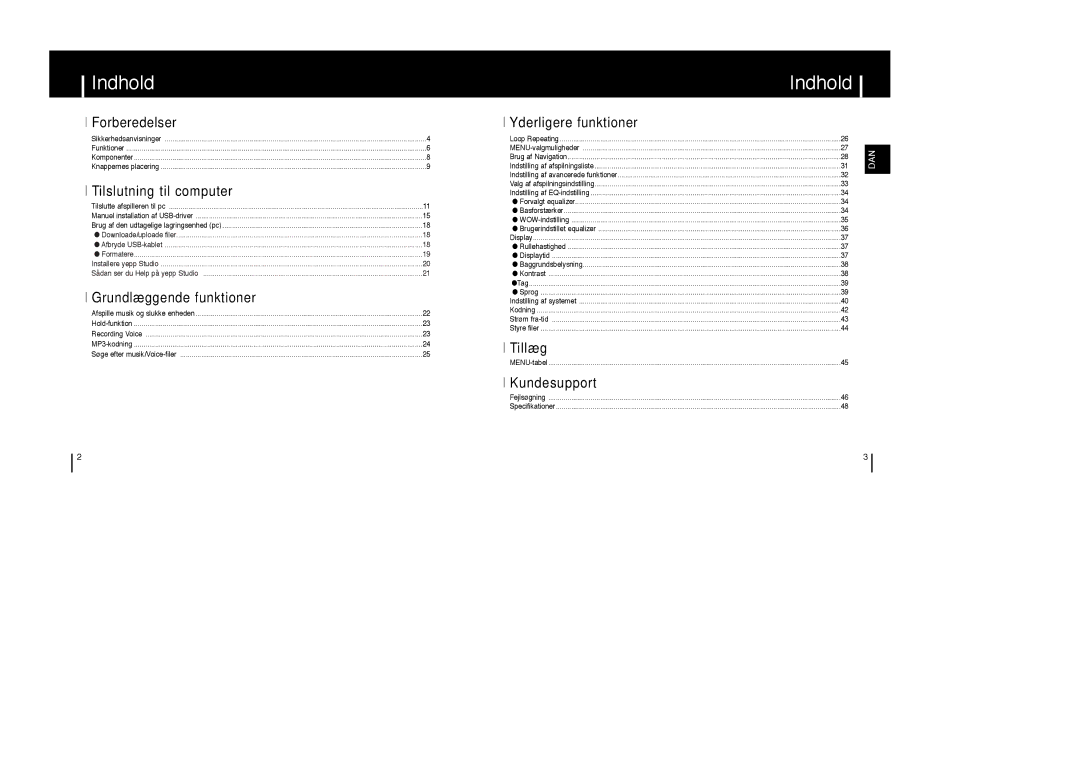 Samsung YP-T6Z/ELS, YP-T6X/ELS, YP-T6V/ELS manual Indhold 