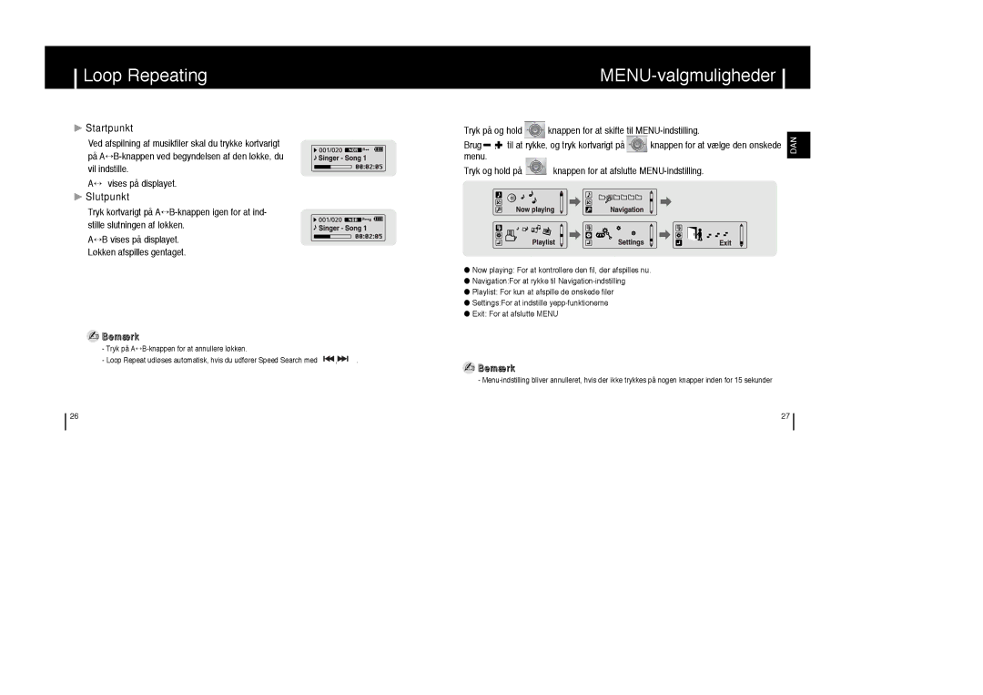 Samsung YP-T6Z/ELS, YP-T6X/ELS, YP-T6V/ELS manual Loop Repeating, MENU-valgmuligheder, Startpunkt, Slutpunkt 