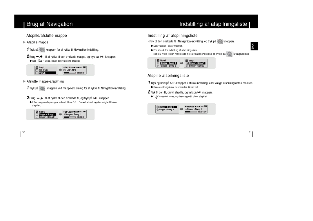 Samsung YP-T6X/ELS, YP-T6Z/ELS manual Indstilling af afspilningsliste, Afspille/afslutte mappe, Afspille afspilningsliste 