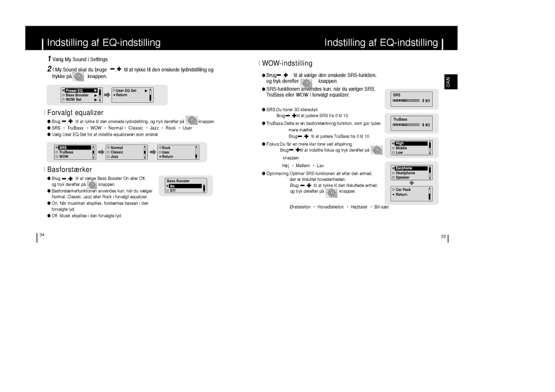 Samsung YP-T6V/ELS, YP-T6X/ELS manual Indstilling af EQ-indstilling, Forvalgt equalizer, Basforstærker, WOW-indstilling 