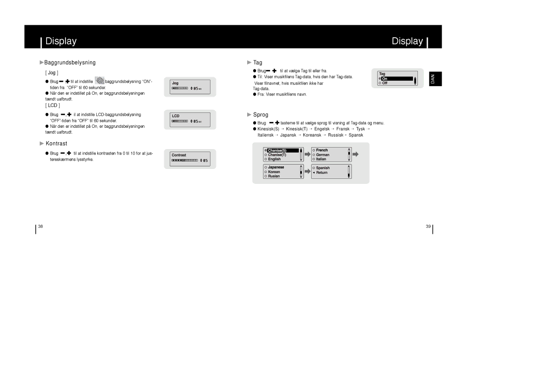 Samsung YP-T6Z/ELS, YP-T6X/ELS, YP-T6V/ELS manual Baggrundsbelysning, Tag, Kontrast, Sprog 