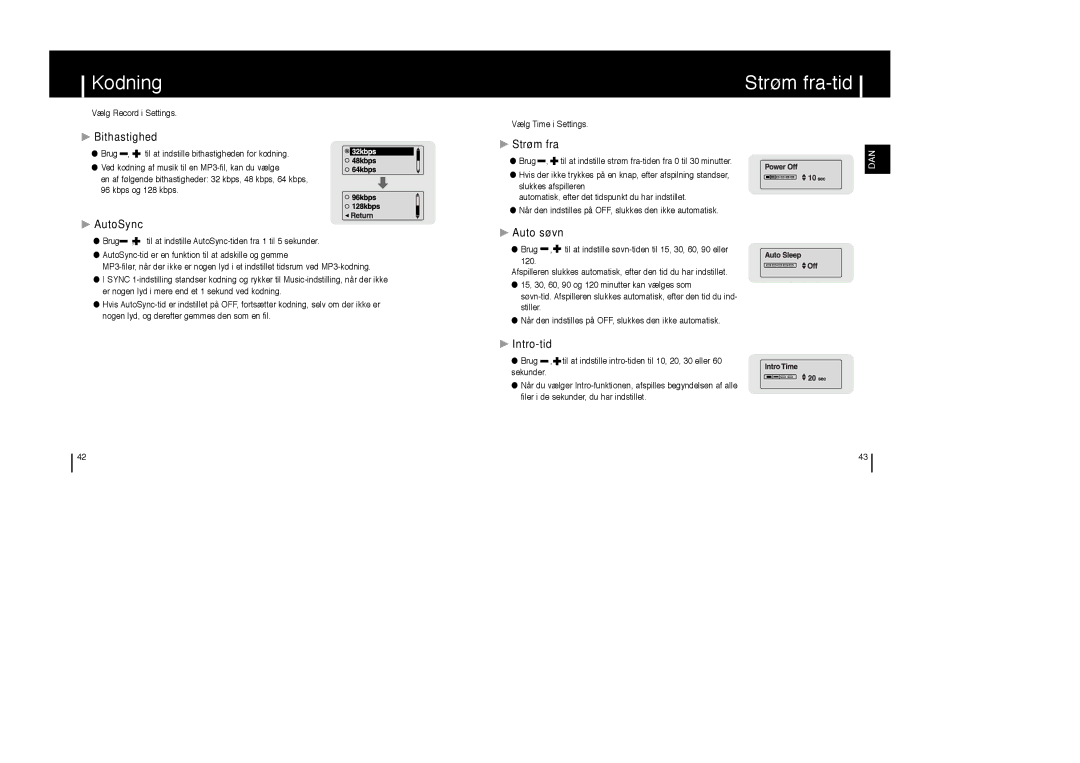 Samsung YP-T6X/ELS, YP-T6Z/ELS, YP-T6V/ELS manual Kodning, Strøm fra-tid 