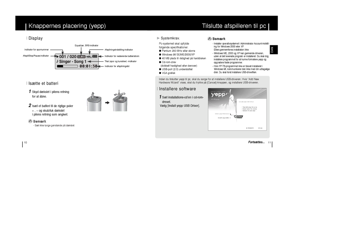 Samsung YP-T6V/ELS manual Knappernes placering yepp Tilslutte afspilleren til pc, Display, Isætte et batteri, Systemkrav 