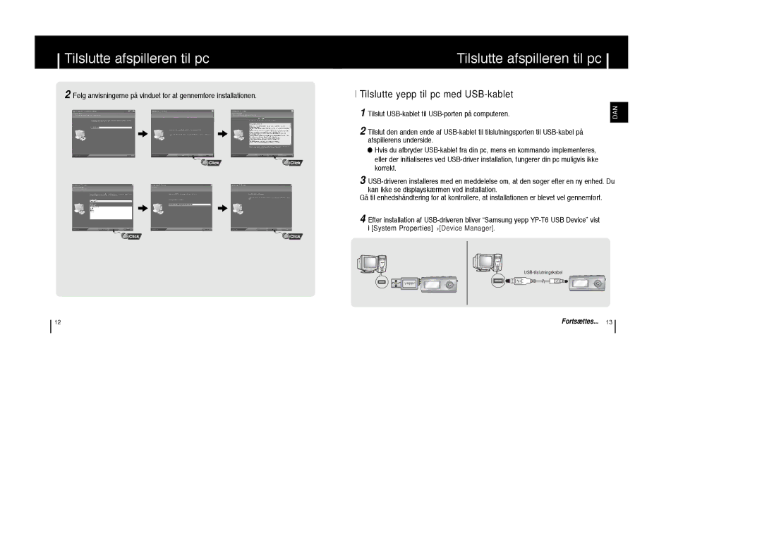 Samsung YP-T6X/ELS, YP-T6Z/ELS, YP-T6V/ELS manual Tilslutte yepp til pc med USB-kablet 