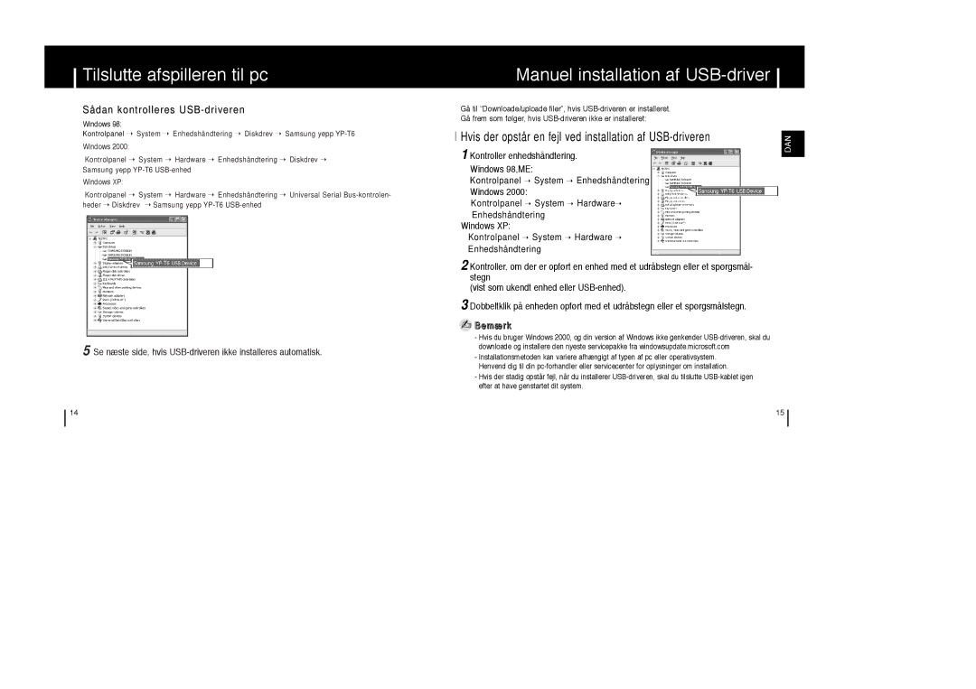 Samsung YP-T6Z/ELS, YP-T6X/ELS, YP-T6V/ELS manual Manuel installation af USB-driver, Sådan kontrolleres USB-driveren 