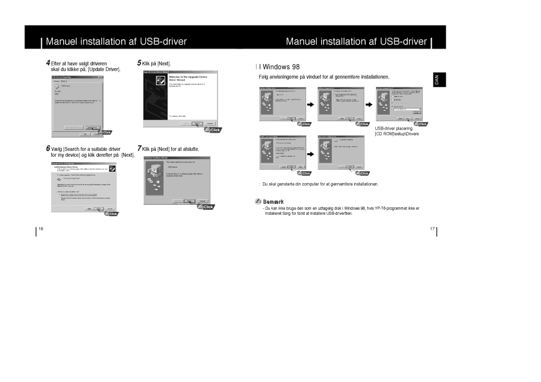 Samsung YP-T6V/ELS, YP-T6X/ELS, YP-T6Z/ELS Windows, Efter at have valgt driveren, Skal du klikke på, Update Driver, Next 