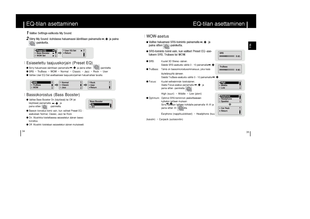 Samsung YP-T6V/ELS EQ-tilan asettaminen, Esiasetettu taajuuskorjain Preset EQ, Bassokorostus Bass Booster, WOW-asetus 