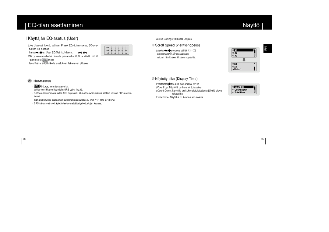 Samsung YP-T6X/ELS, YP-T6Z/ELS Näyttö, Käyttäjän EQ-asetus User, Scroll Speed vieritysnopeus, Näytetty aika Display Time 