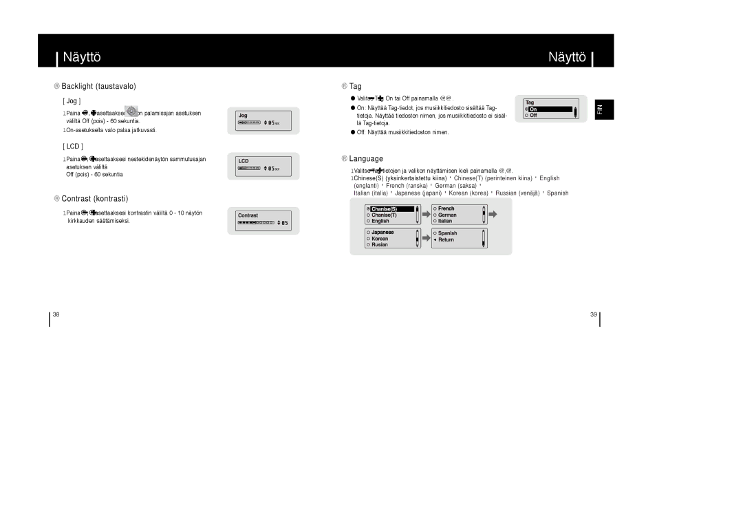 Samsung YP-T6Z/ELS, YP-T6X/ELS, YP-T6V/ELS manual Backlight taustavalo, Contrast kontrasti, Tag, Language 