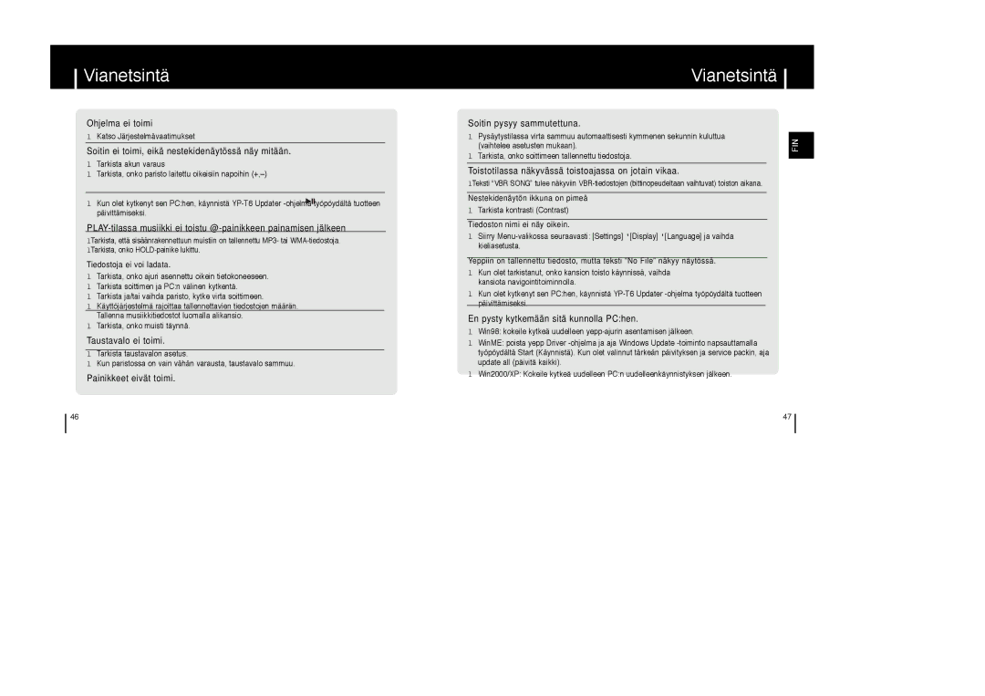 Samsung YP-T6V/ELS, YP-T6X/ELS, YP-T6Z/ELS manual Vianetsintä, Soitin ei toimi, eikä nestekidenäytössä näy mitään 