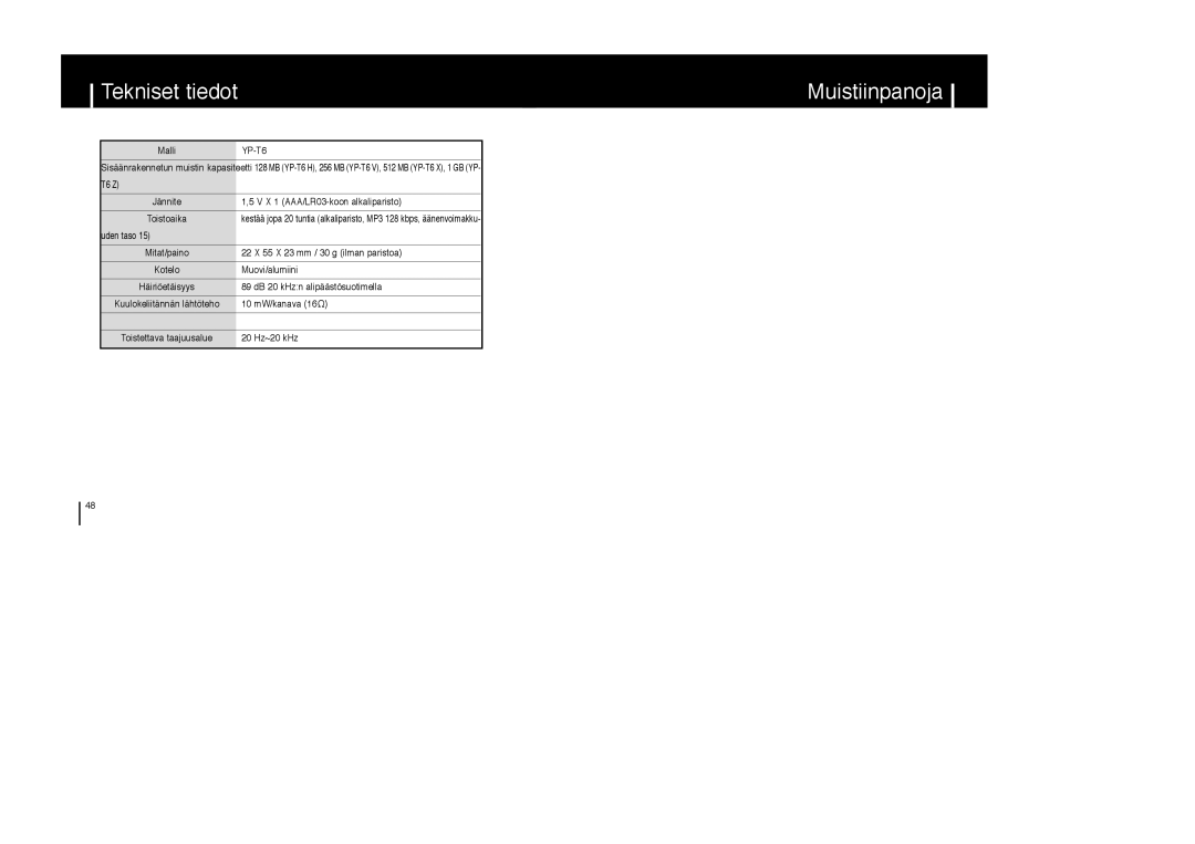 Samsung YP-T6X/ELS, YP-T6Z/ELS, YP-T6V/ELS manual Tekniset tiedot Muistiinpanoja, MalliYP-T6 