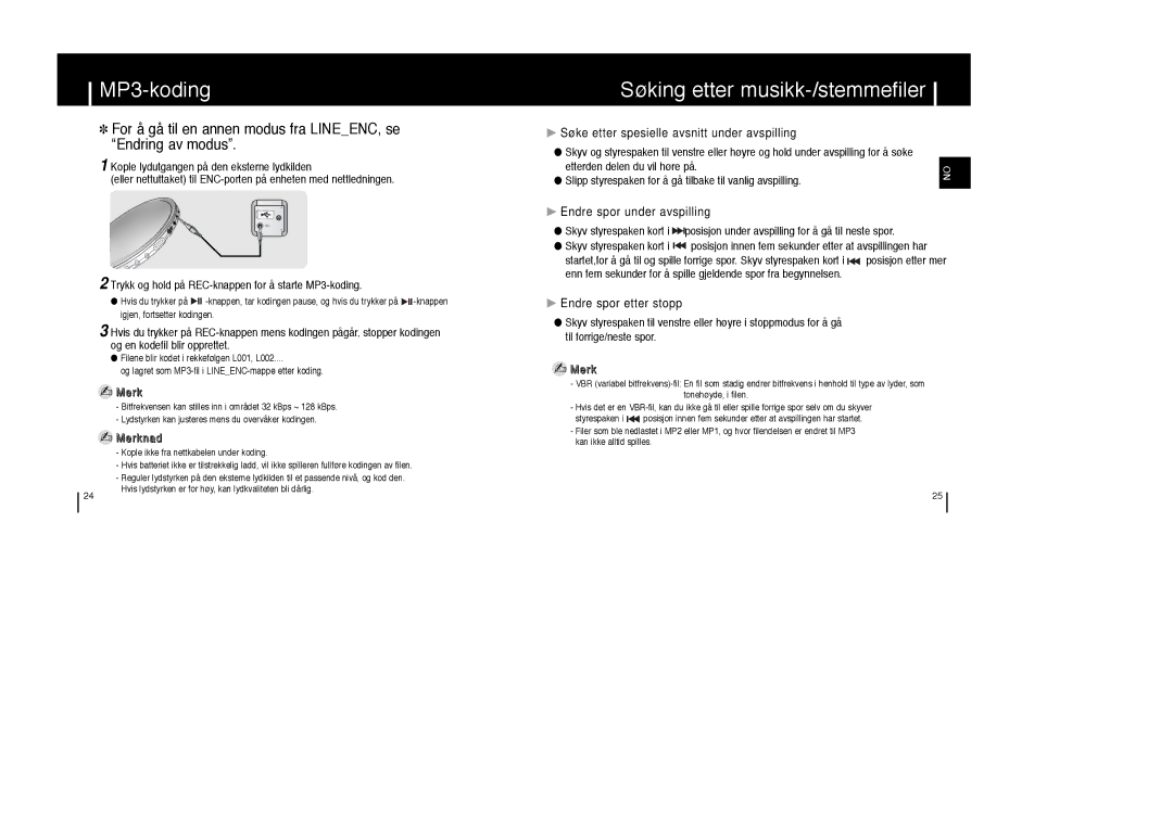 Samsung YP-T6X/ELS, YP-T6Z/ELS MP3-koding, Søking etter musikk-/stemmefiler, Søke etter spesielle avsnitt under avspilling 