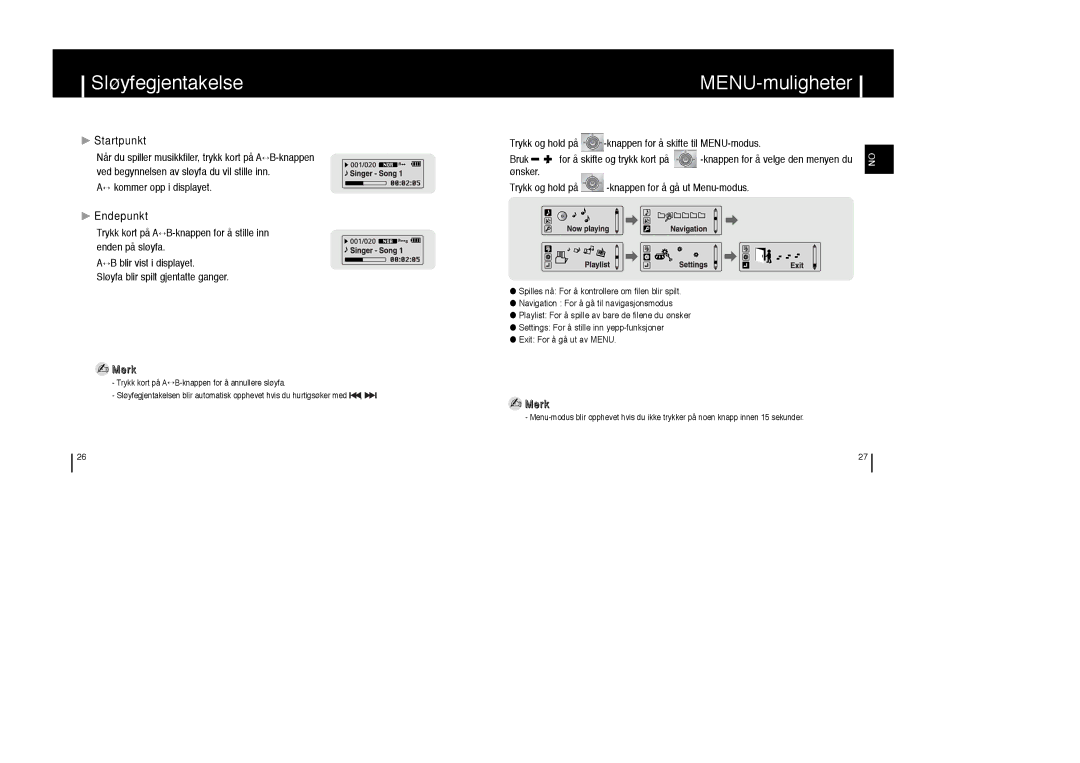 Samsung YP-T6Z/ELS, YP-T6X/ELS manual Sløyfegjentakelse, MENU-muligheter, Startpunkt, Endepunkt, ↔ kommer opp i displayet 