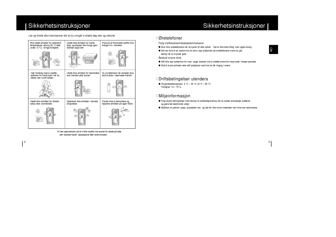 Samsung YP-T6V/ELS, YP-T6X/ELS manual Sikkerhetsinstruksjoner, Øretelefoner, Driftsbetingelser utendørs, Miljøinformasjon 