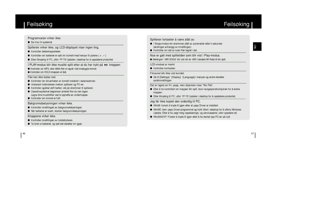 Samsung YP-T6V/ELS, YP-T6X/ELS, YP-T6Z/ELS manual Feilsøking, Spilleren virker ikke, og LCD-displayet viser ingen ting 