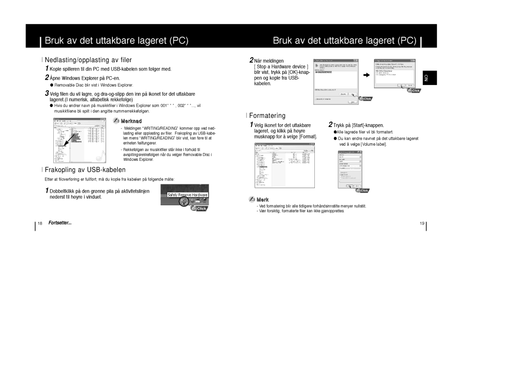 Samsung YP-T6X/ELS, YP-T6Z/ELS Bruk av det uttakbare lageret PC, Nedlasting/opplasting av filer, Frakopling av USB-kabelen 