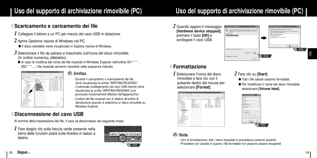 Samsung YP-T6V/REE Scaricamento e caricamento dei file, Disconnessione del cavo USB, Formattazione, Fare clic su Start 