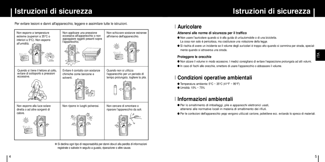 Samsung YP-T6H/ELS manual Istruzioni di sicurezza, Auricolare, Condizioni operative ambientali, Informazioni ambientali 