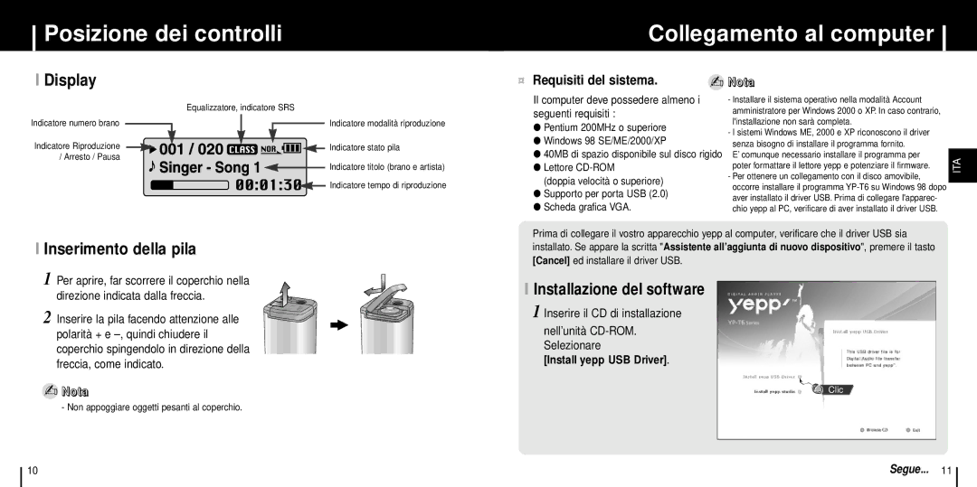 Samsung YP-T6V/XFO Posizione dei controlli Collegamento al computer, Inserimento della pila, Installazione del software 