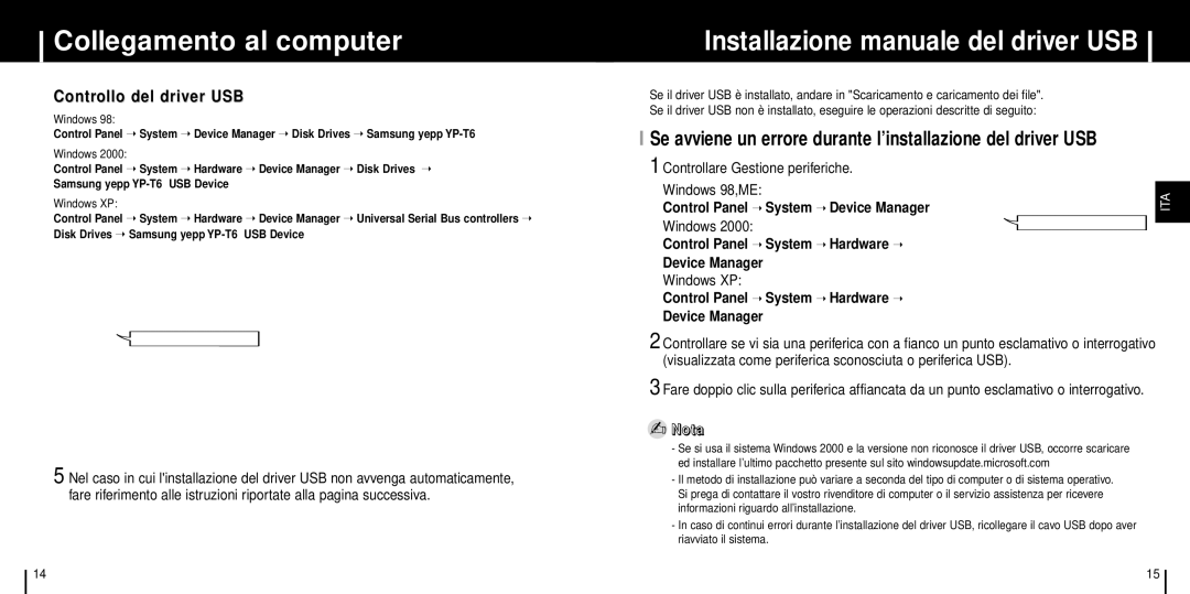 Samsung YP-T6Z/XAC Installazione manuale del driver USB, Controllo del driver USB, Controllare Gestione periferiche 