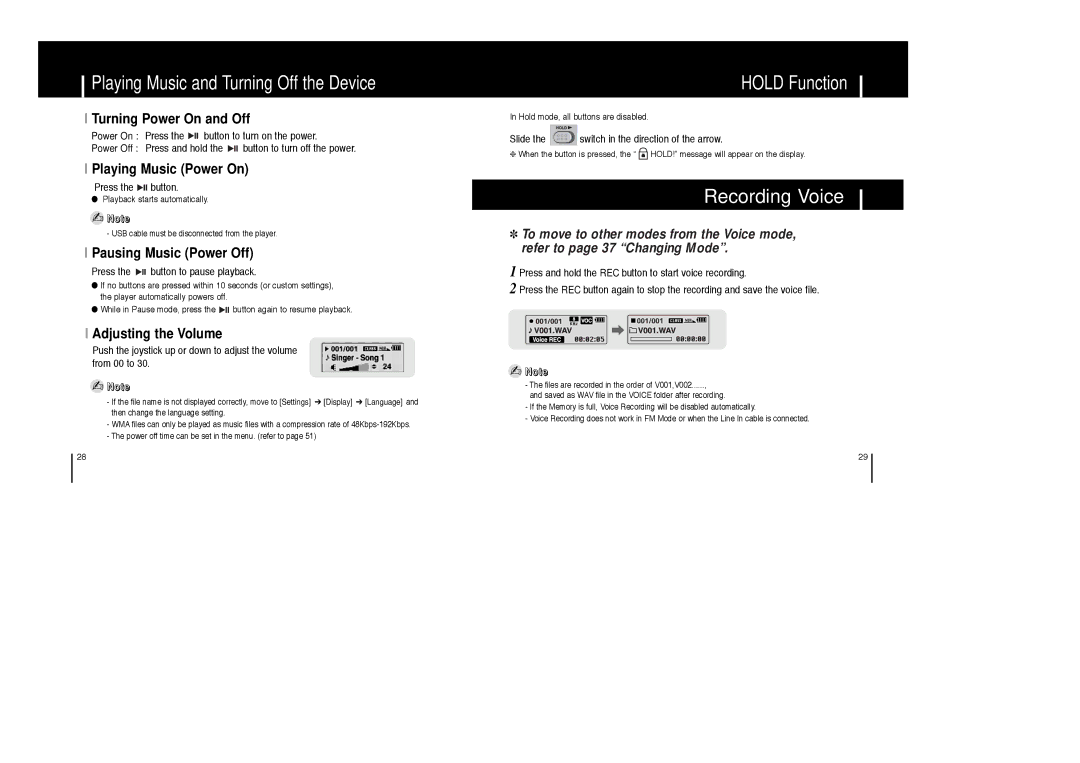 Samsung YP-T6X/REE, YP-T6X/ELS Recording Voice, Turning Power On and Off, Playing Music Power On, Pausing Music Power Off 