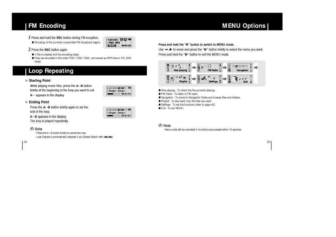 Samsung YP-T6Z/XAA, YP-T6X/ELS, YP-T6Z/ELS manual FM Encoding, Loop Repeating, Menu Options, Starting Point, Ending Point 