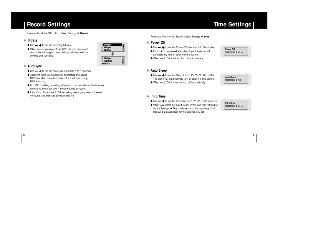 Samsung YP-T6X/ELS, YP-T6Z/ELS, YP-T6X/REE, YP-T6V/ELS, YP-T6V/XFO, YP-T6Z/XAA, YP-T6Z/XAC manual Record Settings, Time Settings 