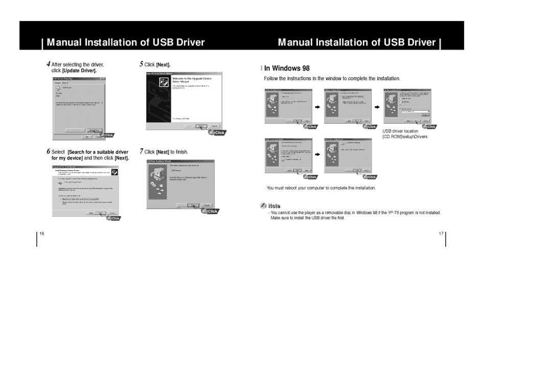 Samsung YP-T6X/XAC, YP-T6X/ELS, YP-T6Z/ELS, YP-T6X/REE, YP-T6V/ELS, YP-T6V/XFO, YP-T6Z/XAA Windows, After selecting the driver 