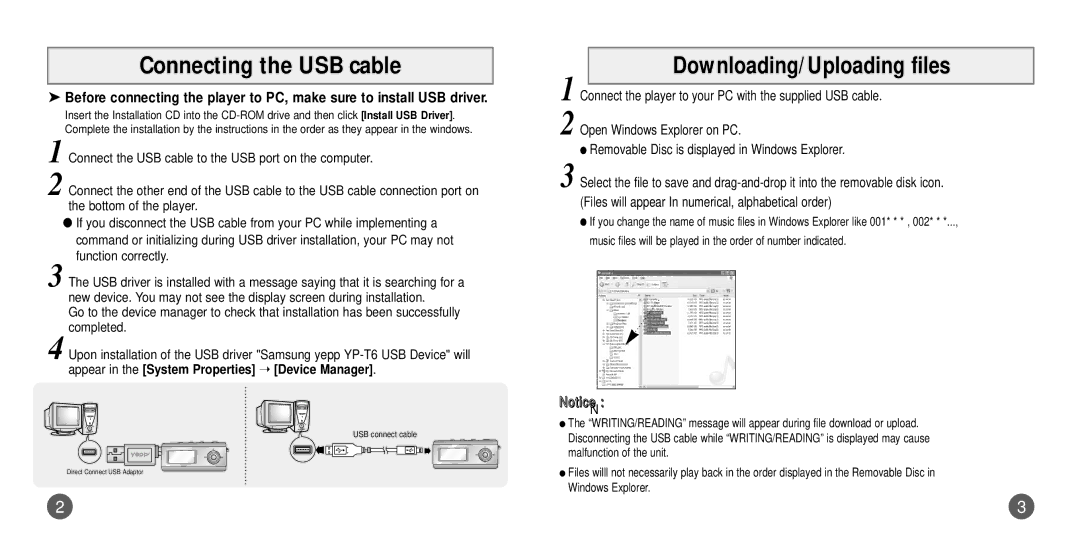 Samsung YP-T6Z/ELS, YP-T6X/ELS, YP-T6ZL/ELS, YP-T6X/REE, YP-T6H/ELS Connecting the USB cable, Downloading/Uploading files 