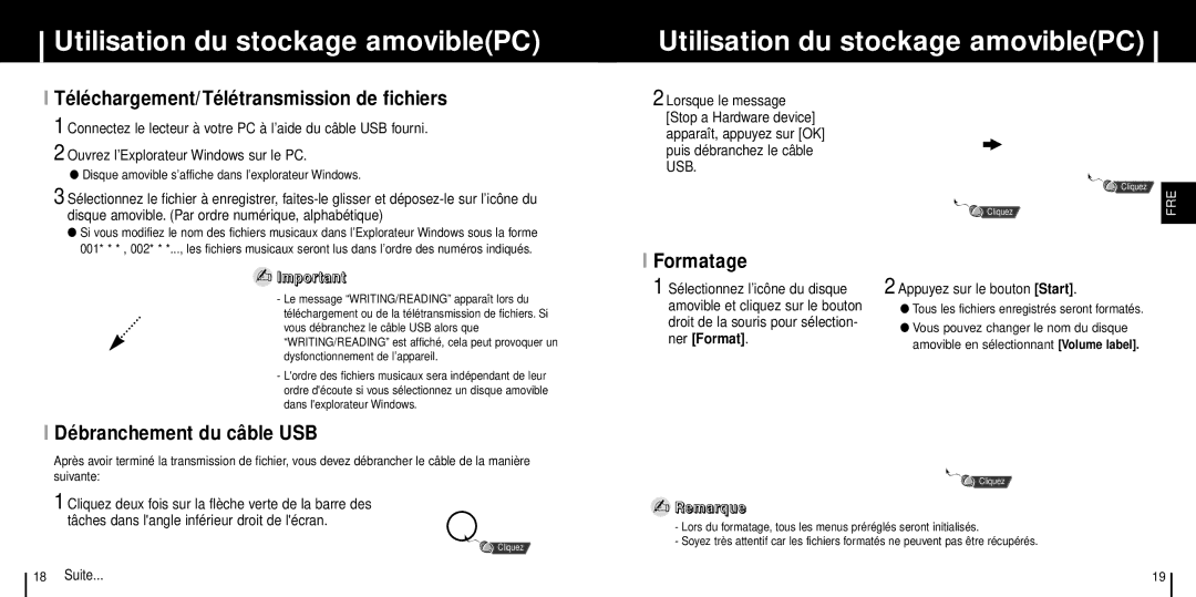 Samsung YP-T6ZL/ELS, YP-T6X/ELS, YP-T6Z/ELS Utilisation du stockage amoviblePC, Téléchargement/Télétransmission de fichiers 