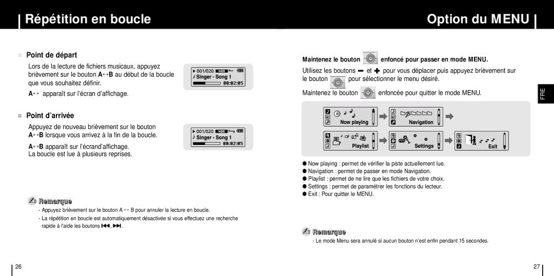 Samsung YP-T6XL/ELS manual Répétition en boucle, Option du Menu, Maintenez le bouton Enfoncée pour quitter le mode Menu 