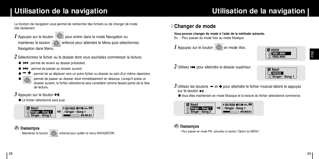 Samsung YP-T6X/XAA, YP-T6X/ELS manual Utilisation de la navigation, Changer de mode, Appuyez sur le bouton en mode Voix 