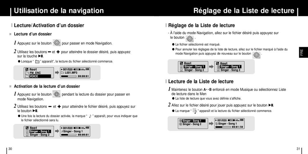 Samsung YP-T6VL/ELS manual Réglage de la Liste de lecture, Lecture/Activation d’un dossier, Lecture de la Liste de lecture 